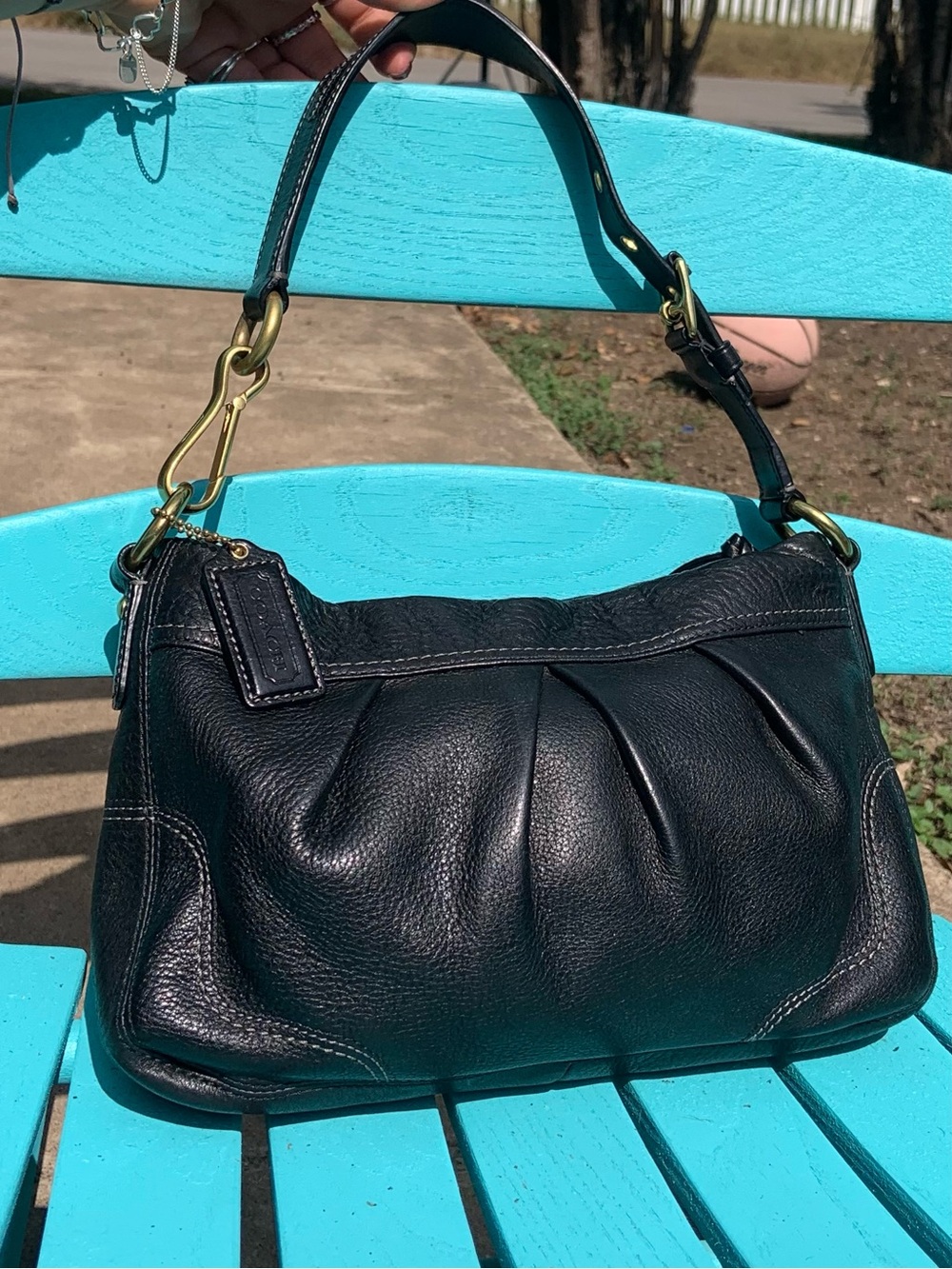 Coach Black Leather Shoulder Bag with Brass-Tone Hardware